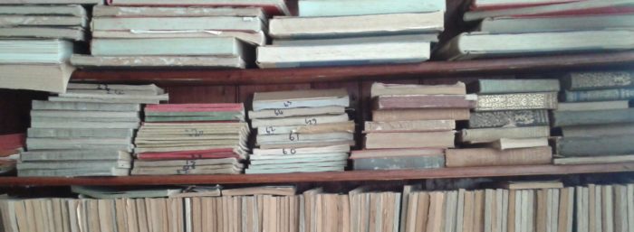 This image shows two shelves containing piles of record books.