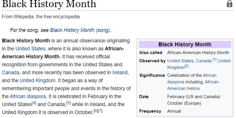 a snip of the opening paragraph of the Black History Month page on Wikipedia
