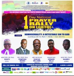 Poster for a 1 Day National Prayer Rally on LGBTQI+. Head and shoulder images of five religious leaders.