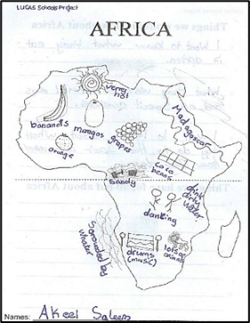 Outline map of Africa. Drawings of the sun (top centre), banana, orange, mango and grapes (top left), bucket and spade and sand (centre), cocoa beans (centre), stick figures dancing (bottom centre), drum and sticks (bottom centre) and lion (bottom right. Madagascar located top right. Comments include, dirty drinking water (centre right), lots of animals (bottom right) and surrounded by water (bottom left).